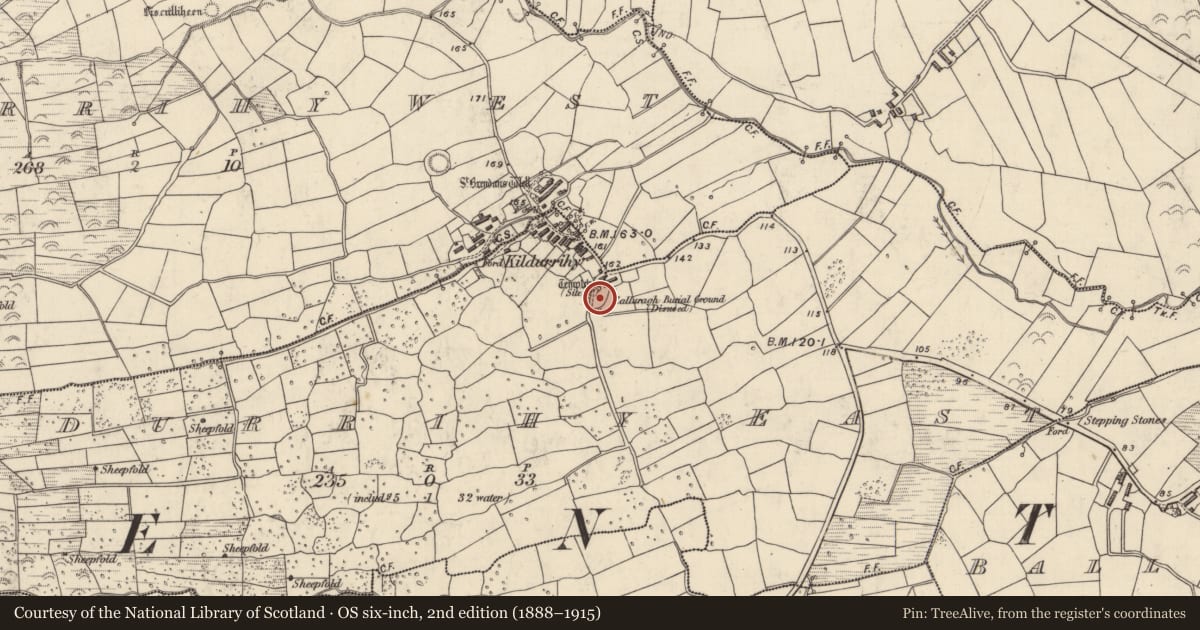 Ordnance Survey six-inch map, 2nd edition (1888–1915) covering the location of Enclosure, Cill Ura Thoir, County Kerry, with a pin at the register's coordinates