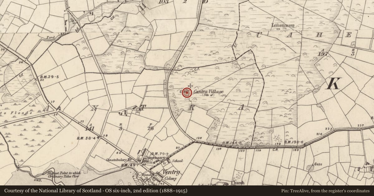 Ordnance Survey six-inch map, 2nd edition (1888–1915) covering the location of Souterrain, Ceann Trá, County Kerry, with a pin at the register's coordinates