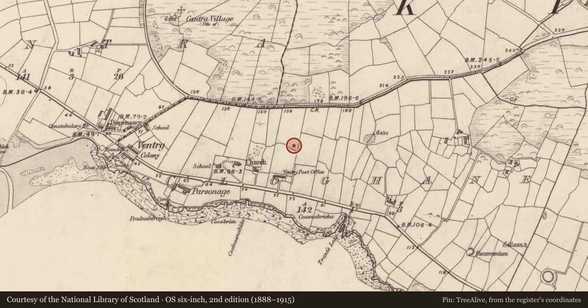 Ordnance Survey six-inch map, 2nd edition (1888–1915) covering the location of Souterrain, An Clochán (TC Na Gleannta), County Kerry, with a pin at the register's coordinates