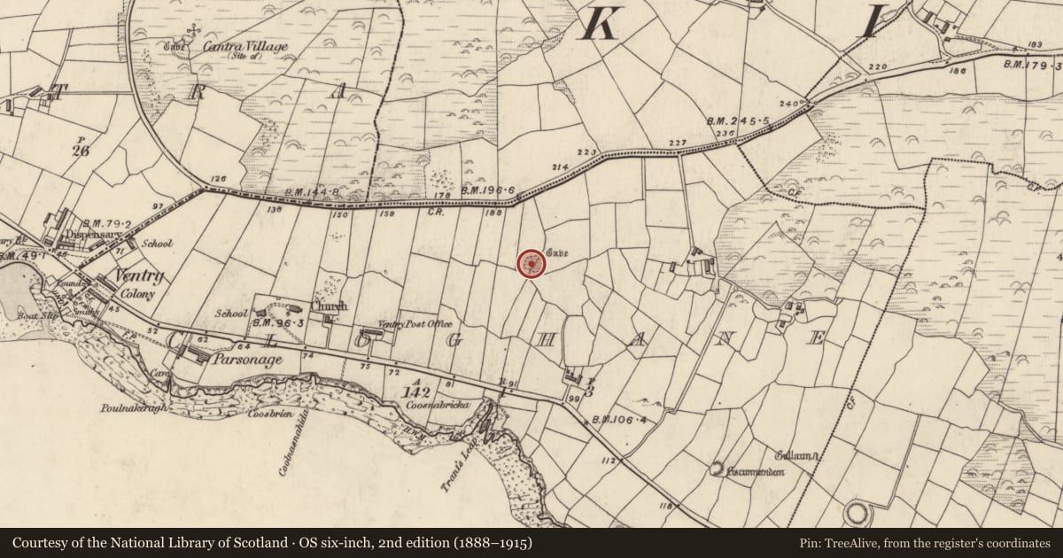 Ordnance Survey six-inch map, 2nd edition (1888–1915) covering the location of Hut site, An Clochán (TC Na Gleannta), County Kerry, with a pin at the register's coordinates