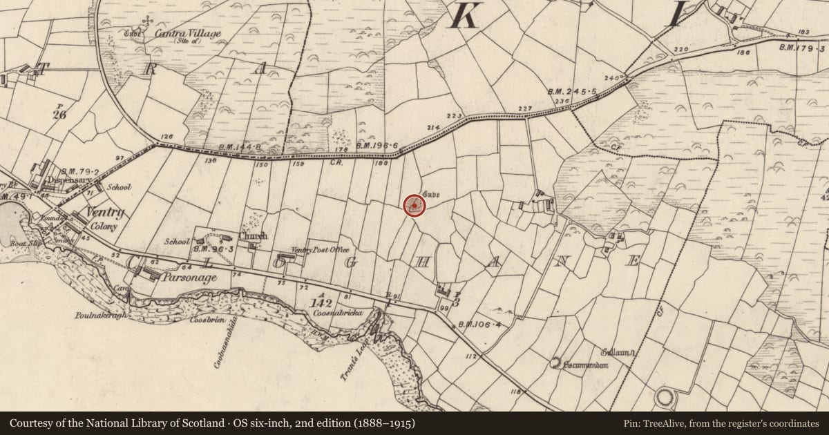 Ordnance Survey six-inch map, 2nd edition (1888–1915) covering the location of Burial, An Clochán (TC Na Gleannta), County Kerry, with a pin at the register's coordinates