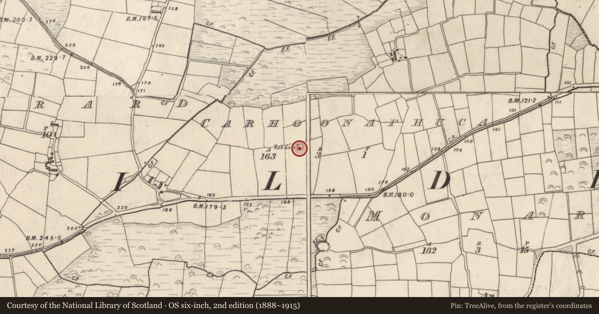 Ordnance Survey six-inch map, 2nd edition (1888–1915) covering the location of Souterrain, Ceathrúin An Phúca, County Kerry, with a pin at the register's coordinates