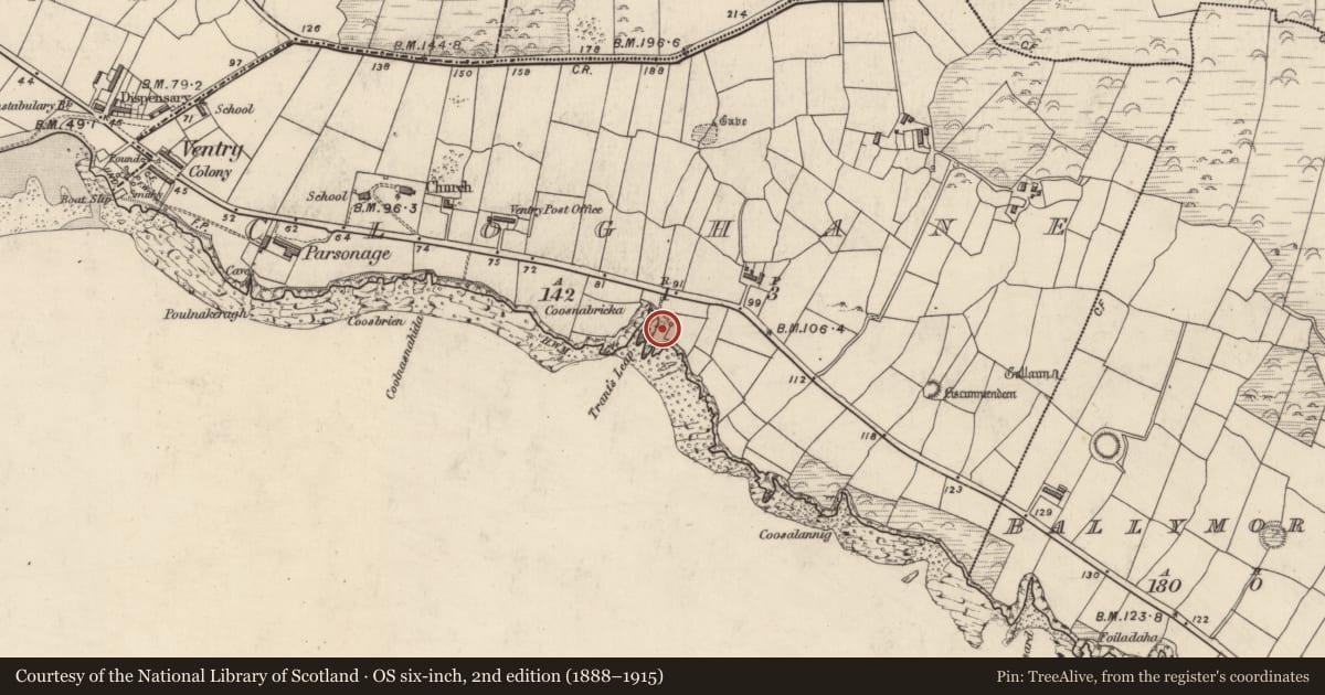 Ordnance Survey six-inch map, 2nd edition (1888–1915) covering the location of Mound, An Clochán (TC Na Gleannta), County Kerry, with a pin at the register's coordinates