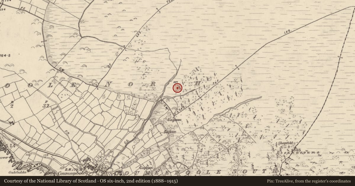 Ordnance Survey six-inch map, 2nd edition (1888–1915) covering the location of Hut site, Com Dhíneol Thuaidh, County Kerry, with a pin at the register's coordinates