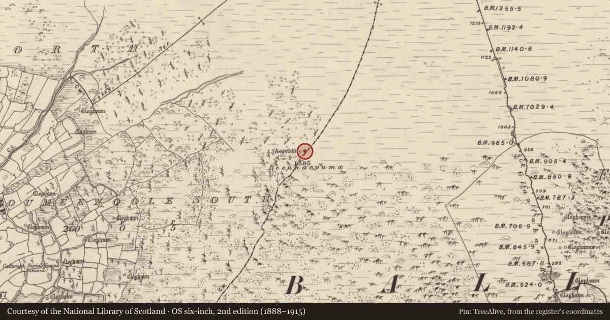 Ordnance Survey six-inch map, 2nd edition (1888–1915) covering the location of Hut site, Gleann Fán, County Kerry, with a pin at the register's coordinates