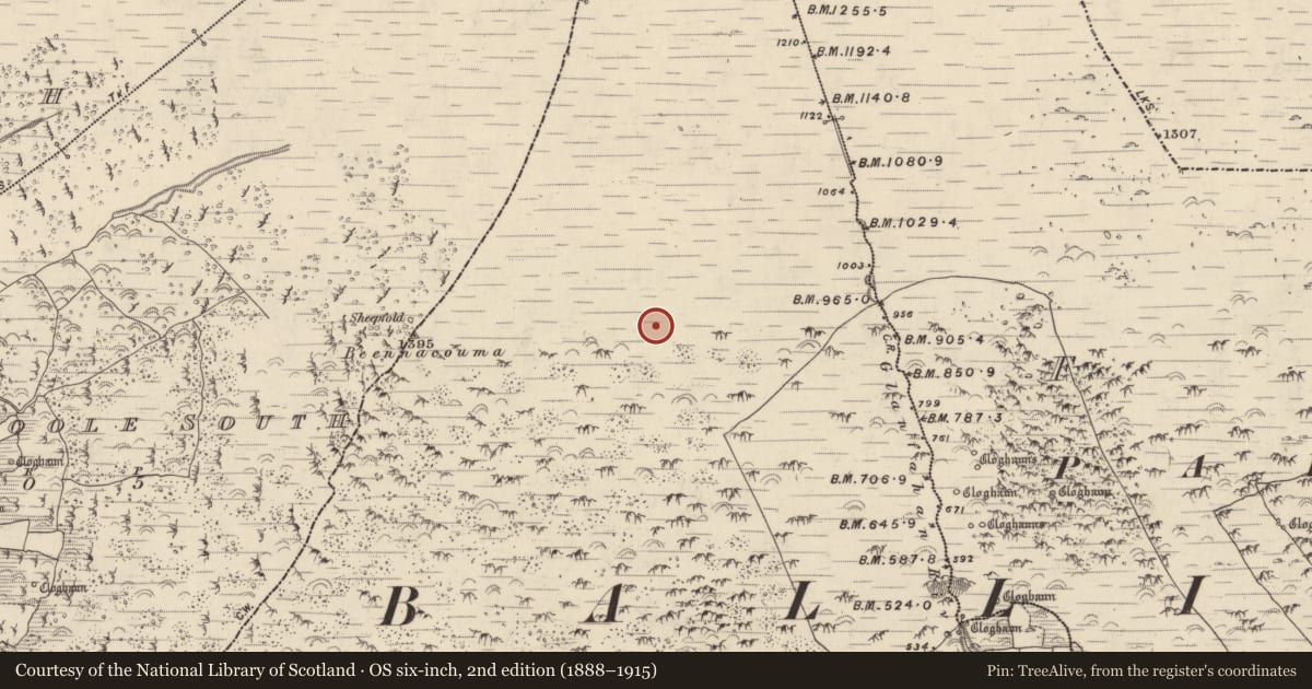 Ordnance Survey six-inch map, 2nd edition (1888–1915) covering the location of Hut site, Gleann Fán, County Kerry, with a pin at the register's coordinates