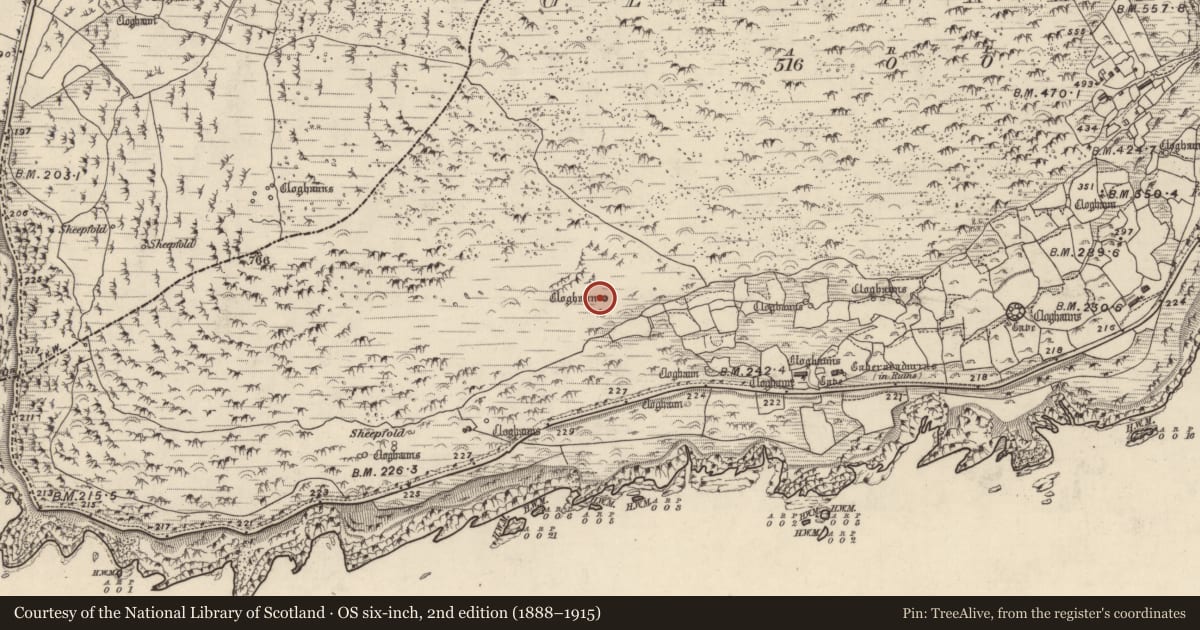 Ordnance Survey six-inch map, 2nd edition (1888–1915) covering the location of Clochan, Gleann Fán, County Kerry, with a pin at the register's coordinates