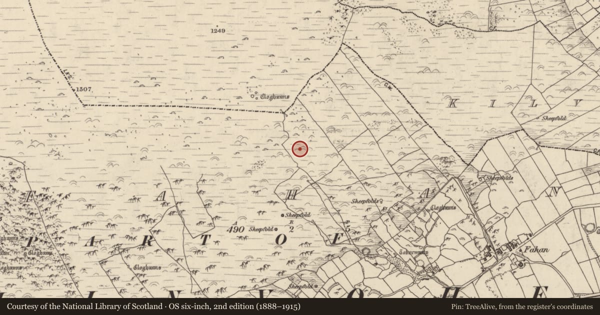 Ordnance Survey six-inch map, 2nd edition (1888–1915) covering the location of Clochan, Fán, County Kerry, with a pin at the register's coordinates