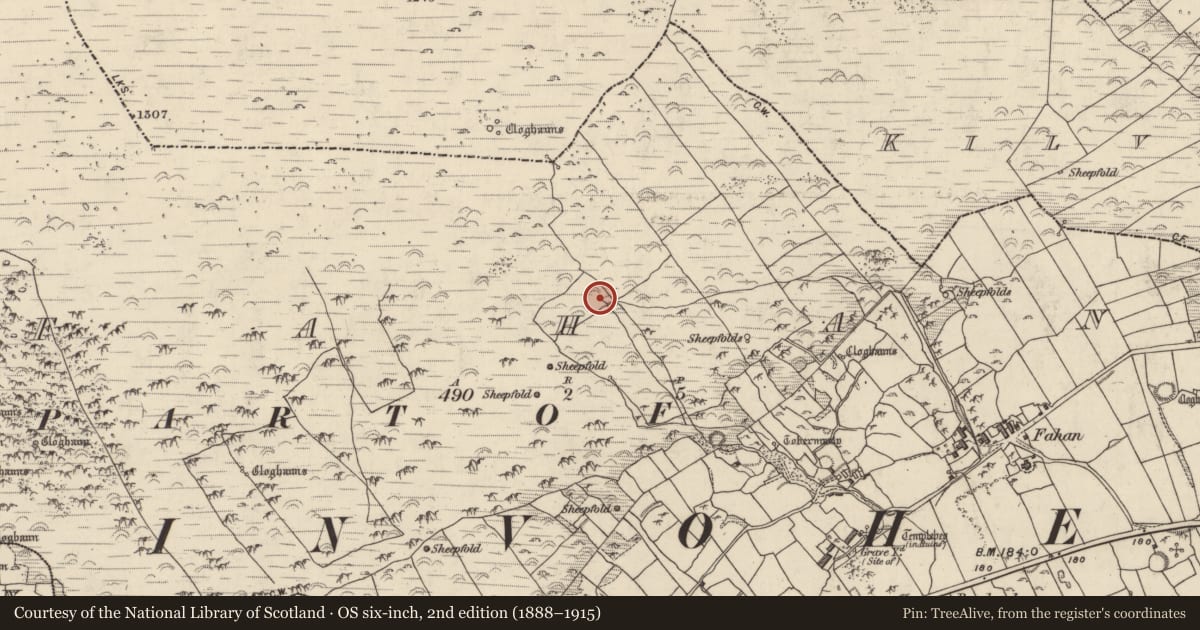 Ordnance Survey six-inch map, 2nd edition (1888–1915) covering the location of Clochan, Fán, County Kerry, with a pin at the register's coordinates