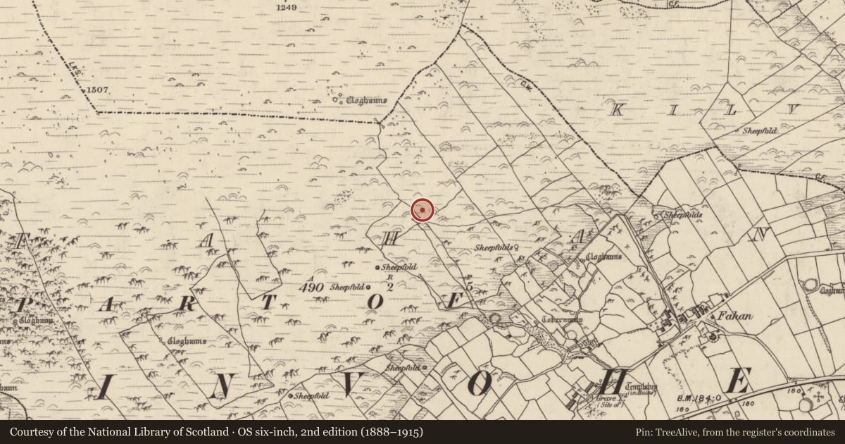 Ordnance Survey six-inch map, 2nd edition (1888–1915) covering the location of Clochan, Fán, County Kerry, with a pin at the register's coordinates