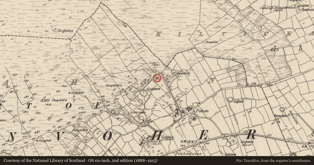 Ordnance Survey six-inch map, 2nd edition (1888–1915) covering the location of Clochan, Fán, County Kerry, with a pin at the register's coordinates