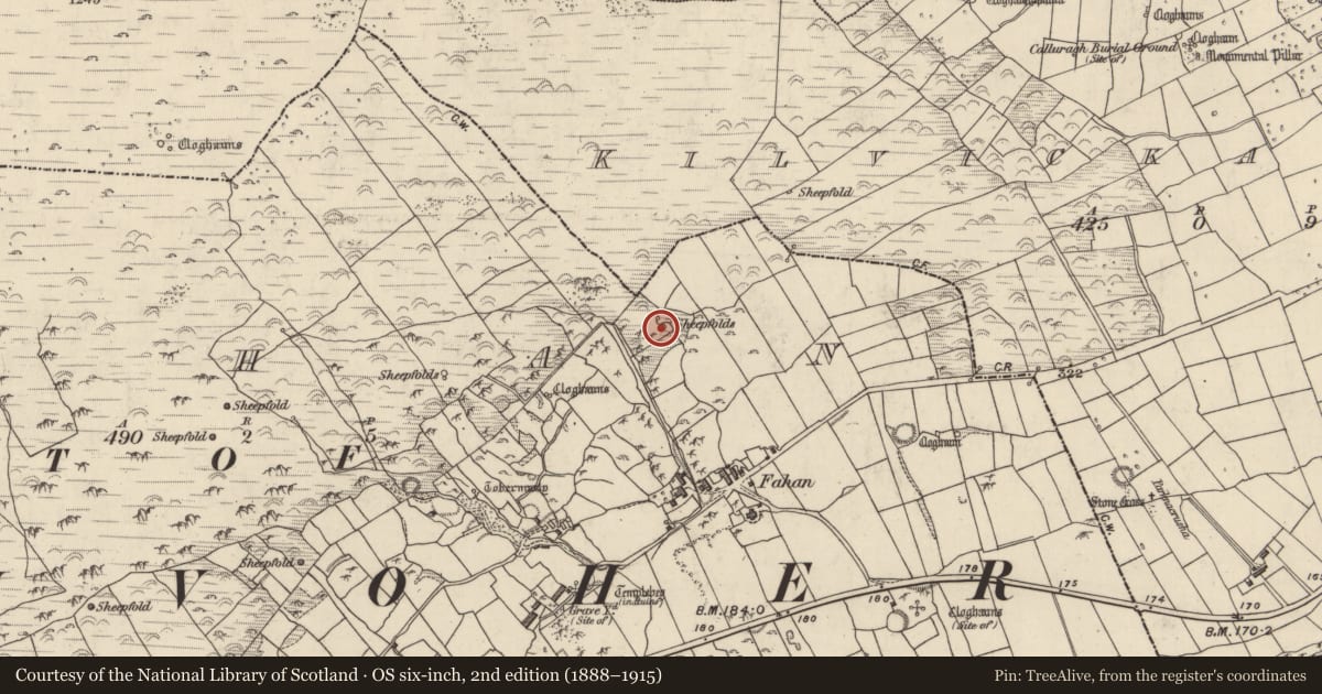 Ordnance Survey six-inch map, 2nd edition (1888–1915) covering the location of Hut site, Fán, County Kerry, with a pin at the register's coordinates