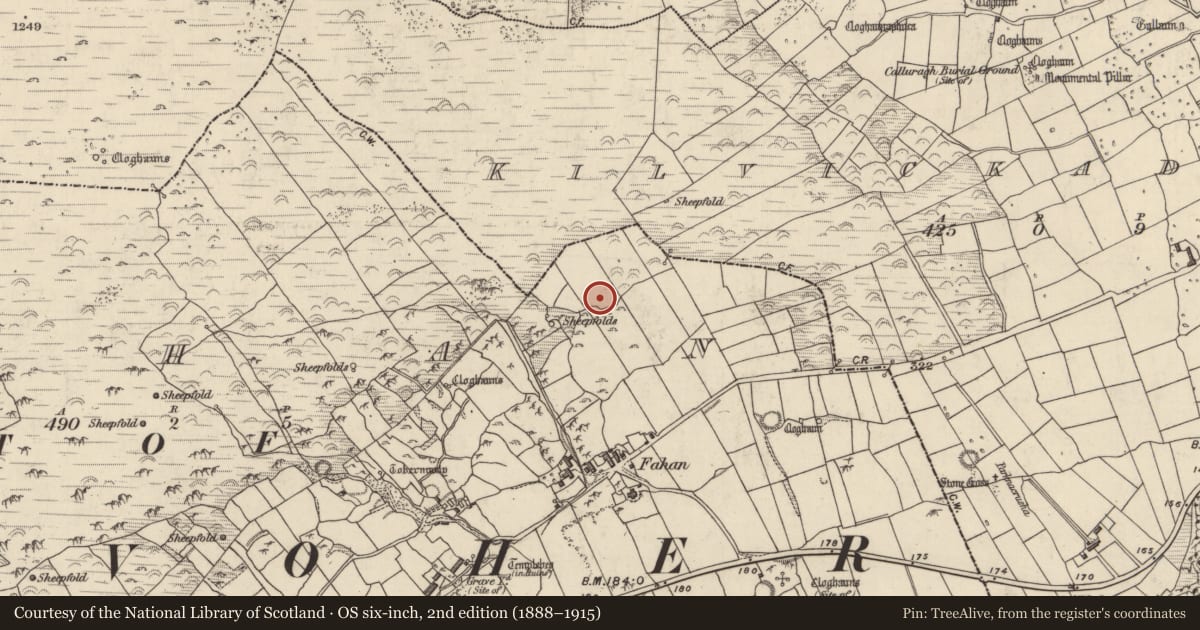 Ordnance Survey six-inch map, 2nd edition (1888–1915) covering the location of Clochan, Fán, County Kerry, with a pin at the register's coordinates