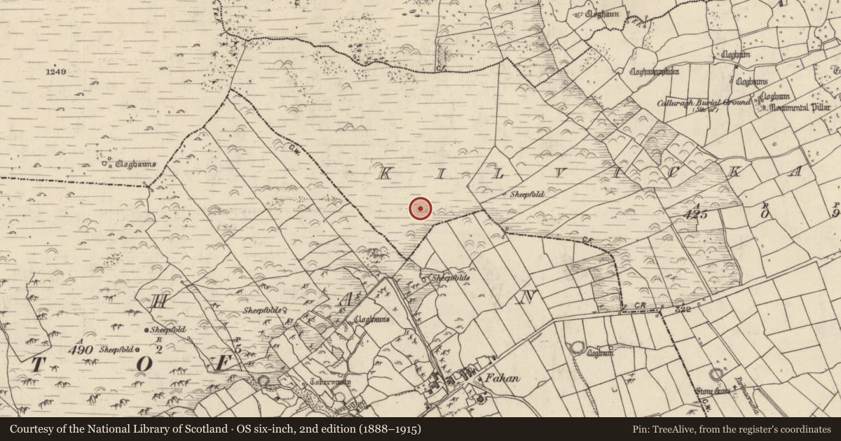 Ordnance Survey six-inch map, 2nd edition (1888–1915) covering the location of Clochan, Cill Mhic An Domhnaigh, County Kerry, with a pin at the register's coordinates