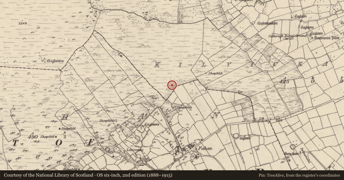 Ordnance Survey six-inch map, 2nd edition (1888–1915) covering the location of Clochan, Cill Mhic An Domhnaigh, County Kerry, with a pin at the register's coordinates