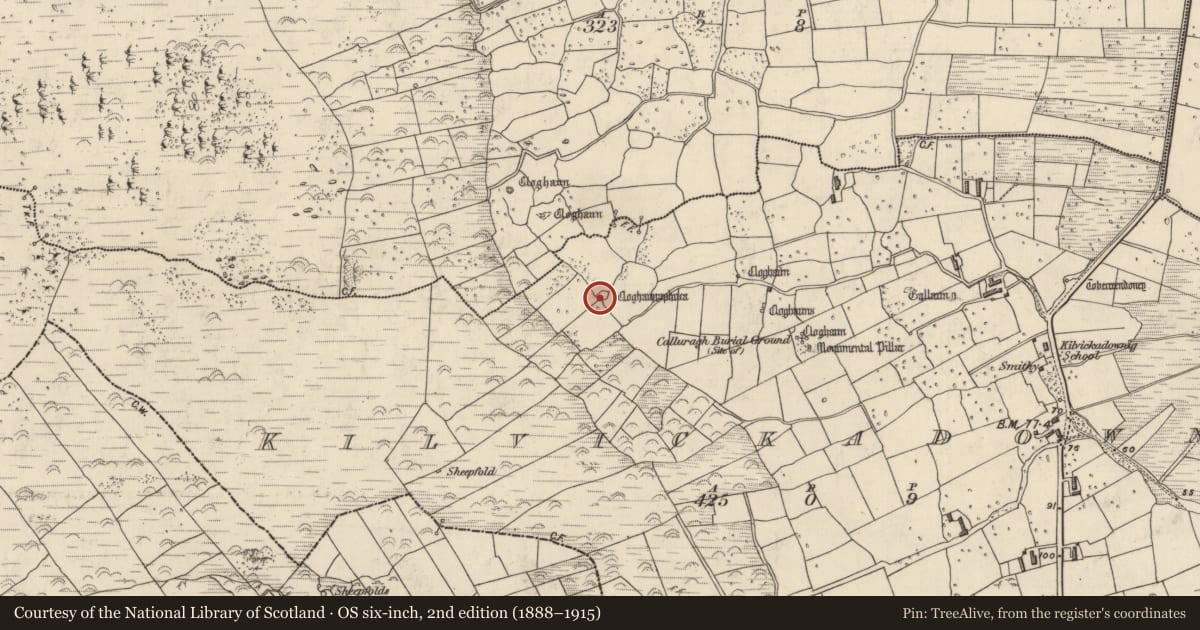 Ordnance Survey six-inch map, 2nd edition (1888–1915) covering the location of Enclosure, Cill Mhic An Domhnaigh, County Kerry, with a pin at the register's coordinates