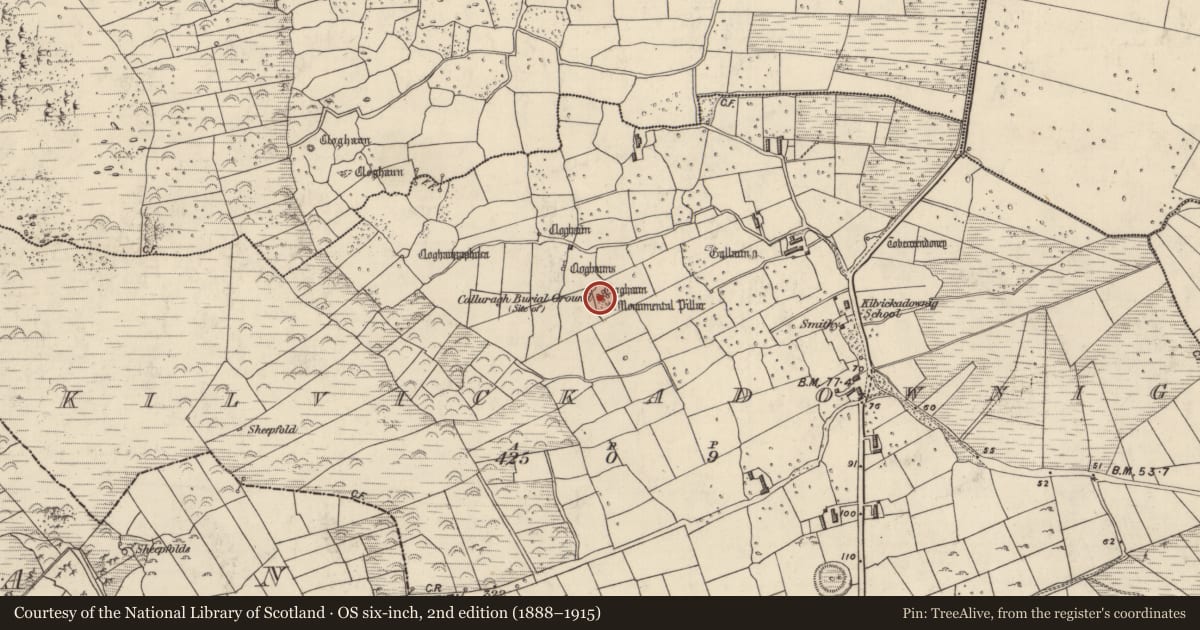 Ordnance Survey six-inch map, 2nd edition (1888–1915) covering the location of Enclosure, Cill Mhic An Domhnaigh, County Kerry, with a pin at the register's coordinates