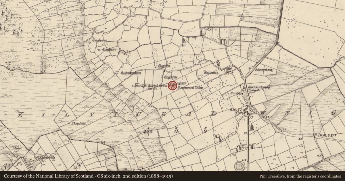 Ordnance Survey six-inch map, 2nd edition (1888–1915) covering the location of Clochan, Cill Mhic An Domhnaigh, County Kerry, with a pin at the register's coordinates