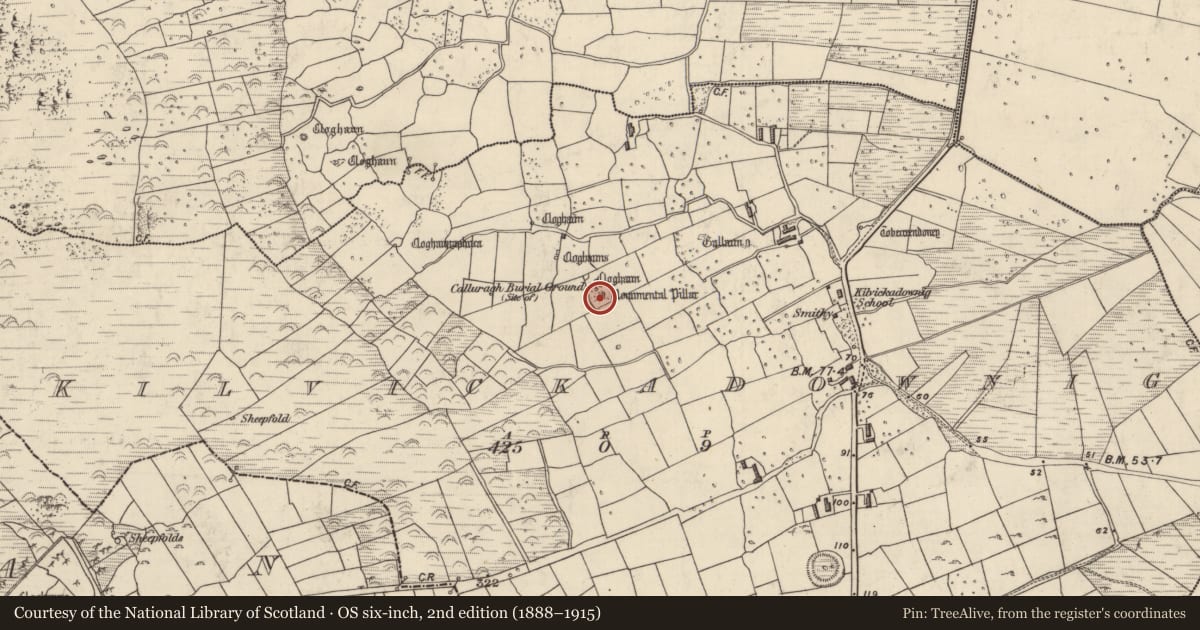 Ordnance Survey six-inch map, 2nd edition (1888–1915) covering the location of Cross-slab, Cill Mhic An Domhnaigh, County Kerry, with a pin at the register's coordinates