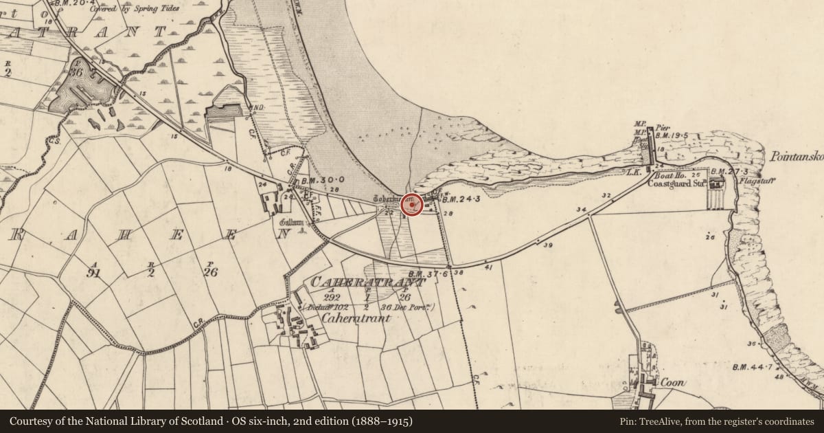 Ordnance Survey six-inch map, 2nd edition (1888–1915) covering the location of Ritual site - holy well, Cathair An Treantaigh, County Kerry, with a pin at the register's coordinates