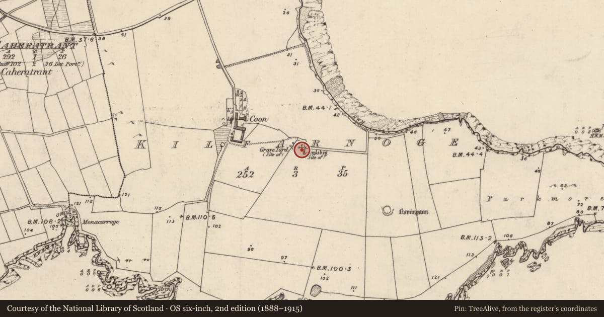 Ordnance Survey six-inch map, 2nd edition (1888–1915) covering the location of Church, Cill Fearnóg, County Kerry, with a pin at the register's coordinates