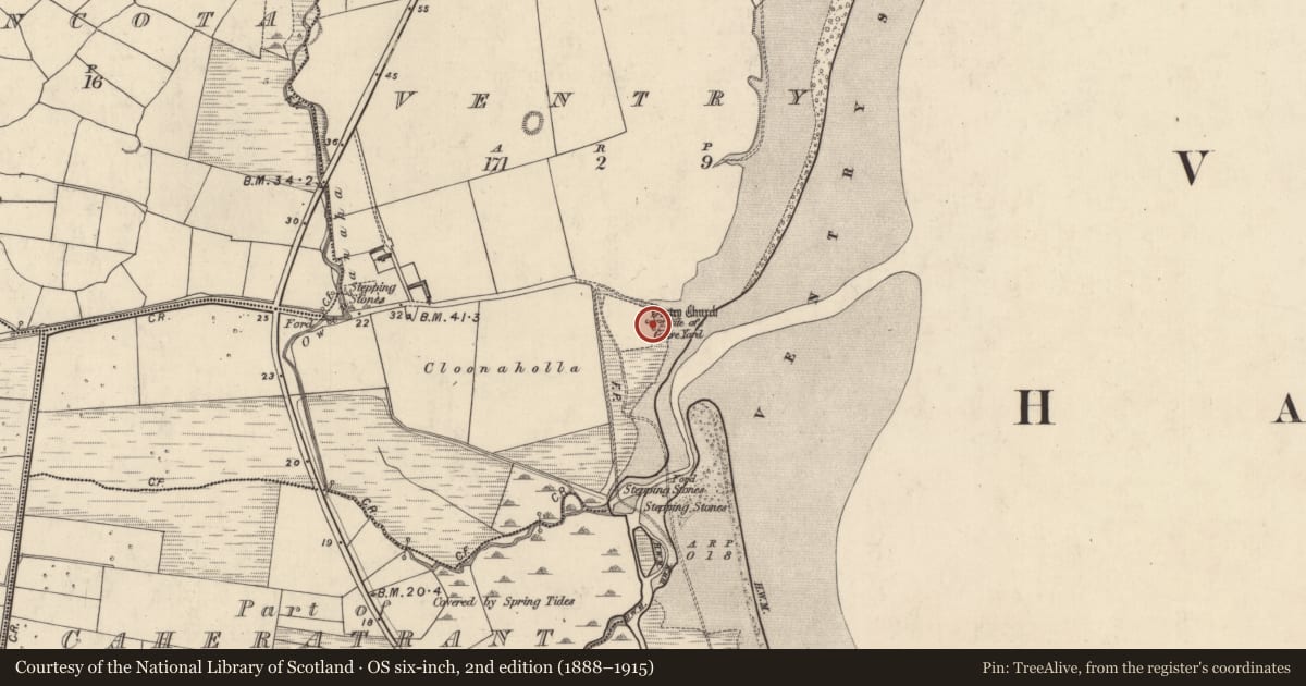 Ordnance Survey six-inch map, 2nd edition (1888–1915) covering the location of Church, Fionntrá, County Kerry, with a pin at the register's coordinates