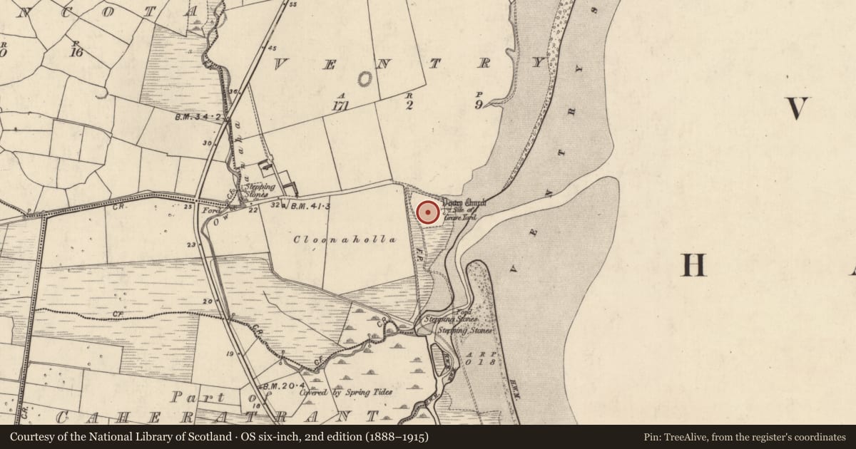 Ordnance Survey six-inch map, 2nd edition (1888–1915) covering the location of Graveyard, Fionntrá, County Kerry, with a pin at the register's coordinates