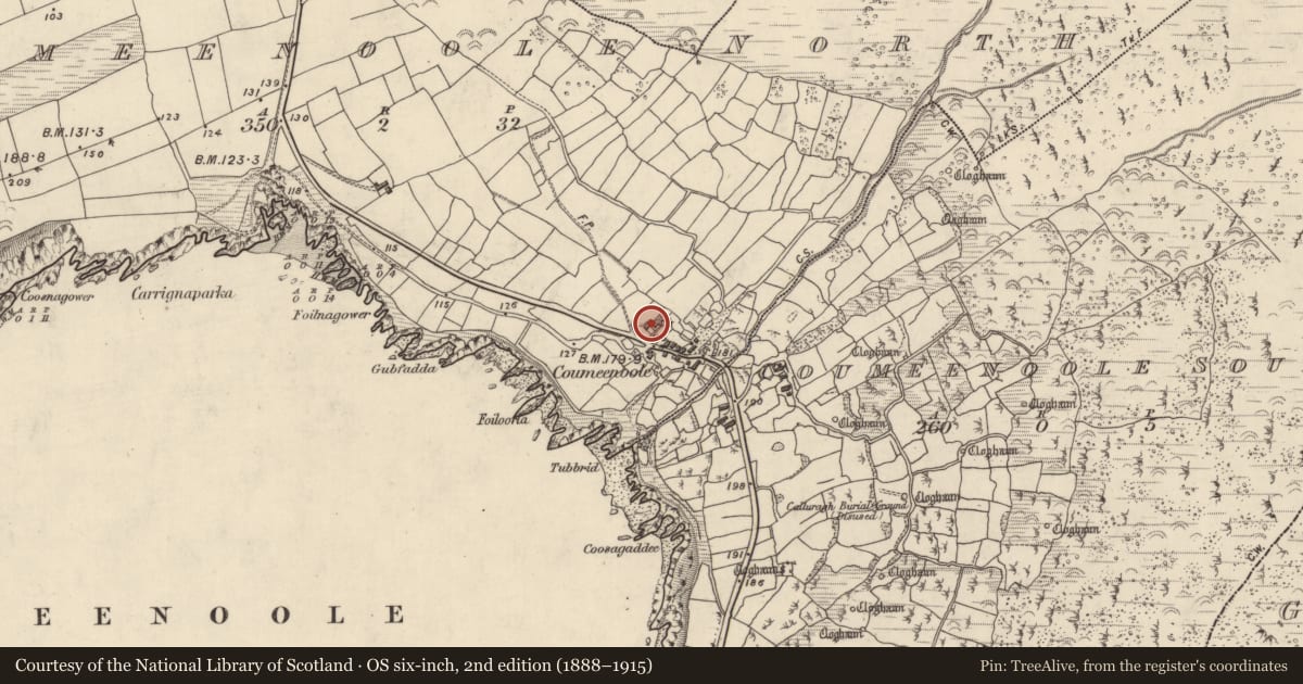 Ordnance Survey six-inch map, 2nd edition (1888–1915) covering the location of Hut site, Com Dhíneol Thuaidh, County Kerry, with a pin at the register's coordinates