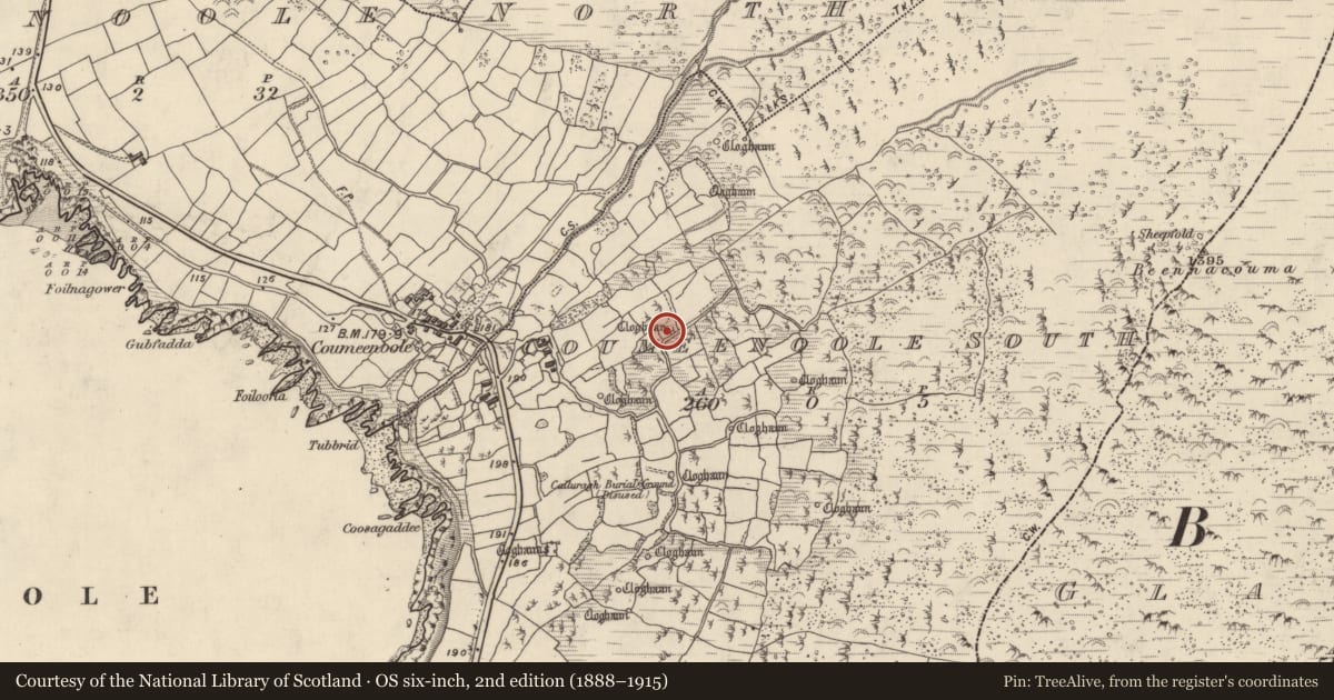 Ordnance Survey six-inch map, 2nd edition (1888–1915) covering the location of Clochan, Com Dhíneol Theas, County Kerry, with a pin at the register's coordinates