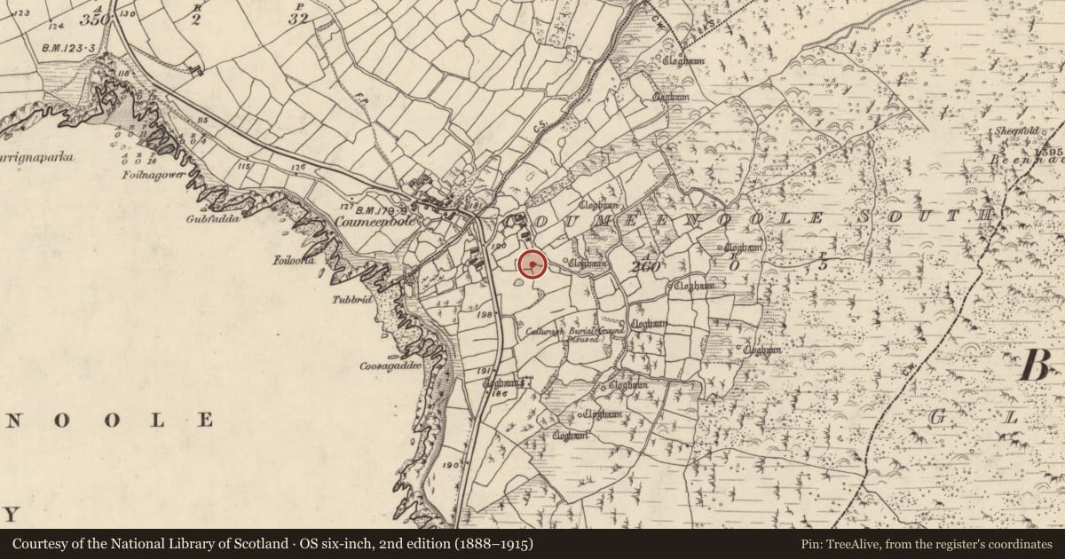 Ordnance Survey six-inch map, 2nd edition (1888–1915) covering the location of Hut site, Com Dhíneol Theas, County Kerry, with a pin at the register's coordinates
