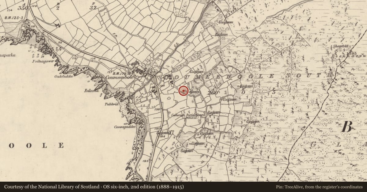 Ordnance Survey six-inch map, 2nd edition (1888–1915) covering the location of Clochan, Com Dhíneol Theas, County Kerry, with a pin at the register's coordinates