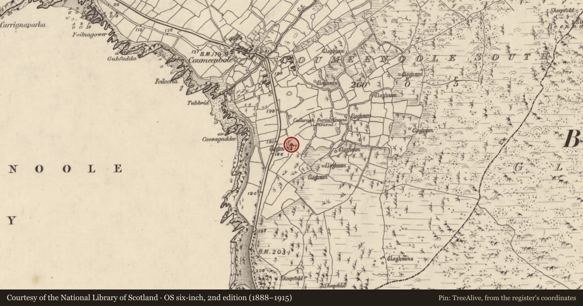 Ordnance Survey six-inch map, 2nd edition (1888–1915) covering the location of Clochan, Com Dhíneol Theas, County Kerry, with a pin at the register's coordinates