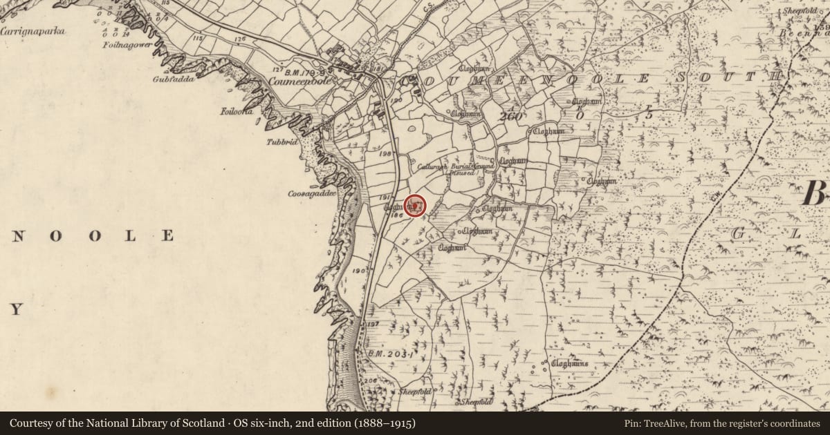 Ordnance Survey six-inch map, 2nd edition (1888–1915) covering the location of Clochan, Com Dhíneol Theas, County Kerry, with a pin at the register's coordinates