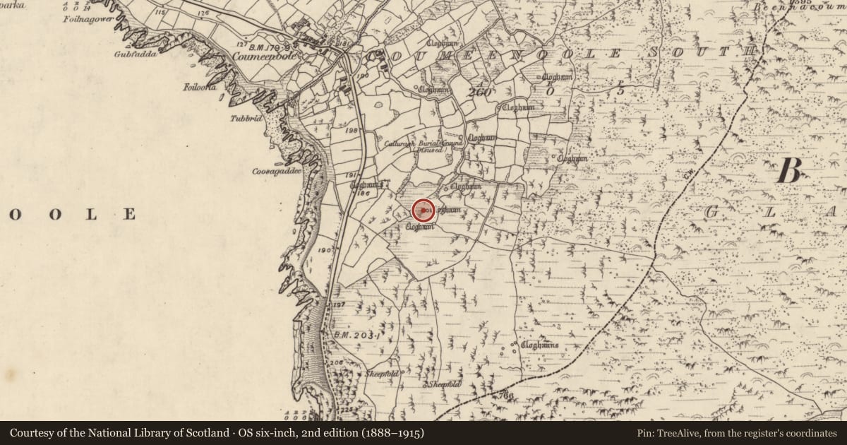 Ordnance Survey six-inch map, 2nd edition (1888–1915) covering the location of Hut site, Com Dhíneol Theas, County Kerry, with a pin at the register's coordinates