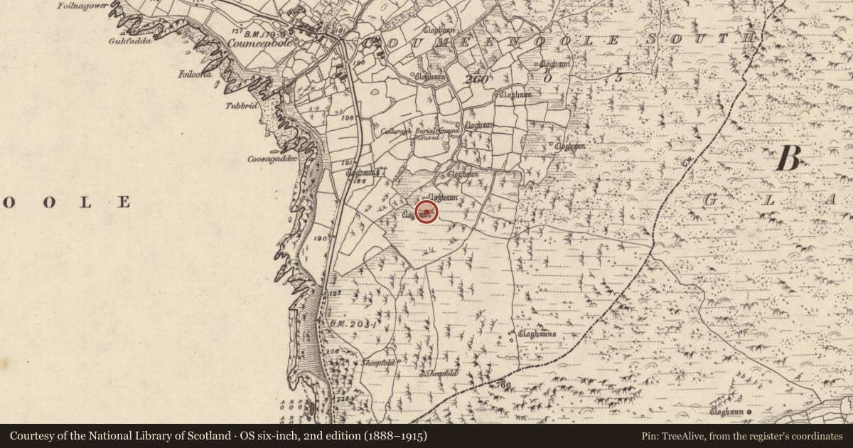 Ordnance Survey six-inch map, 2nd edition (1888–1915) covering the location of Hut site, Com Dhíneol Theas, County Kerry, with a pin at the register's coordinates