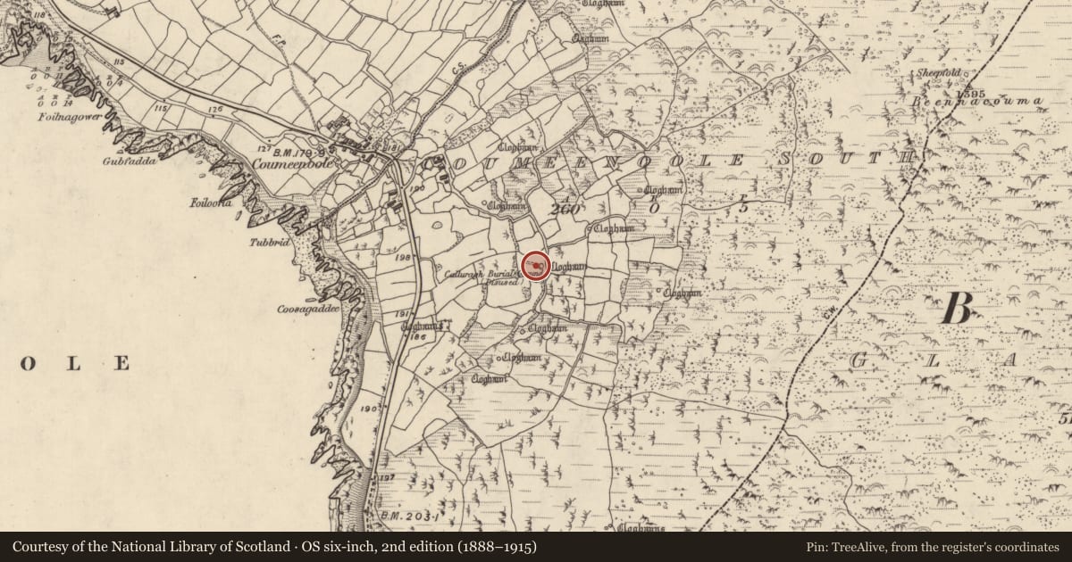 Ordnance Survey six-inch map, 2nd edition (1888–1915) covering the location of Hut site, Com Dhíneol Theas, County Kerry, with a pin at the register's coordinates