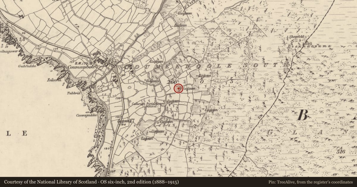Ordnance Survey six-inch map, 2nd edition (1888–1915) covering the location of Hut site, Com Dhíneol Theas, County Kerry, with a pin at the register's coordinates