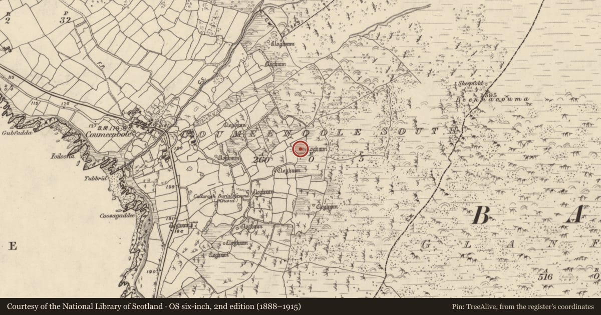 Ordnance Survey six-inch map, 2nd edition (1888–1915) covering the location of Souterrain, Com Dhíneol Theas, County Kerry, with a pin at the register's coordinates
