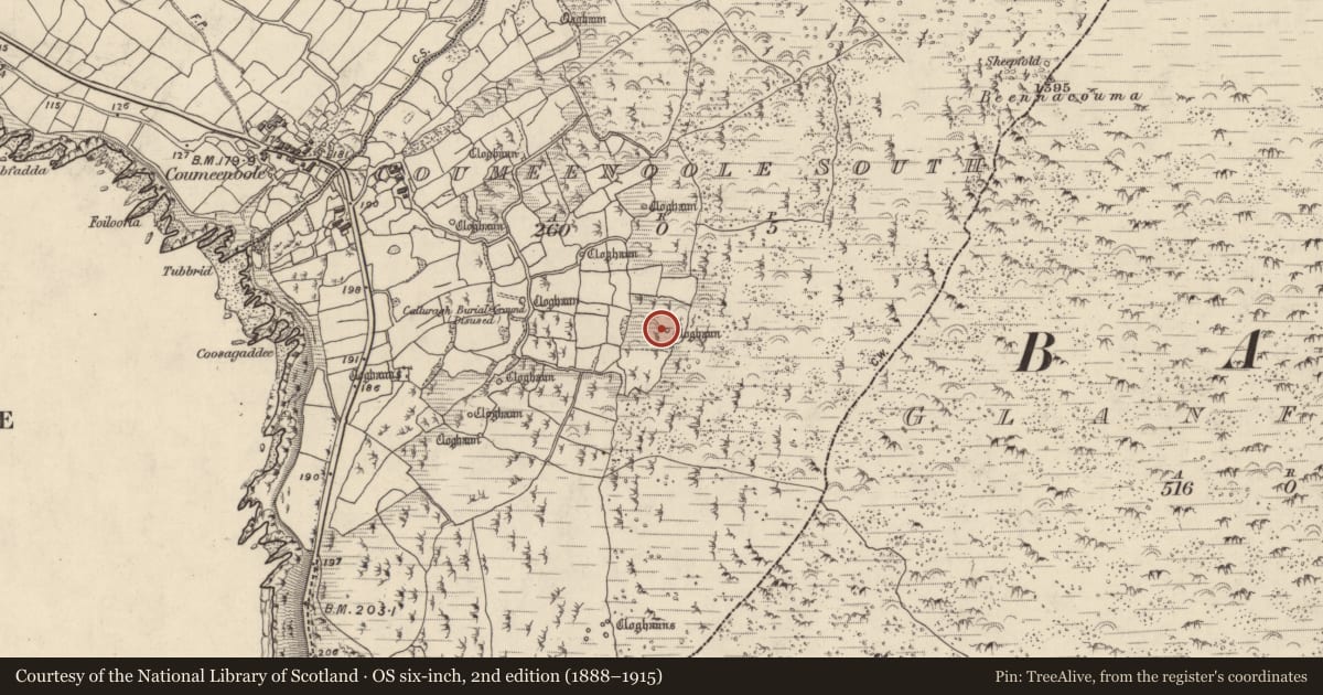 Ordnance Survey six-inch map, 2nd edition (1888–1915) covering the location of Hut site, Com Dhíneol Theas, County Kerry, with a pin at the register's coordinates