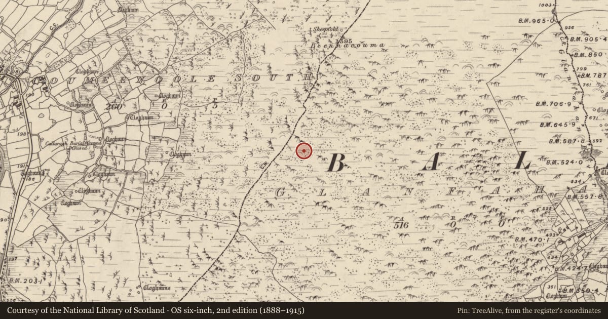 Ordnance Survey six-inch map, 2nd edition (1888–1915) covering the location of Hut site, Gleann Fán, County Kerry, with a pin at the register's coordinates