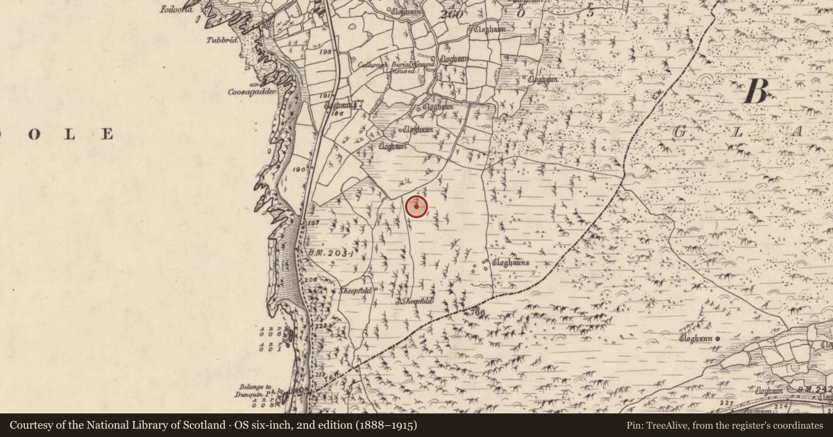 Ordnance Survey six-inch map, 2nd edition (1888–1915) covering the location of Hut site, Com Dhíneol Theas, County Kerry, with a pin at the register's coordinates