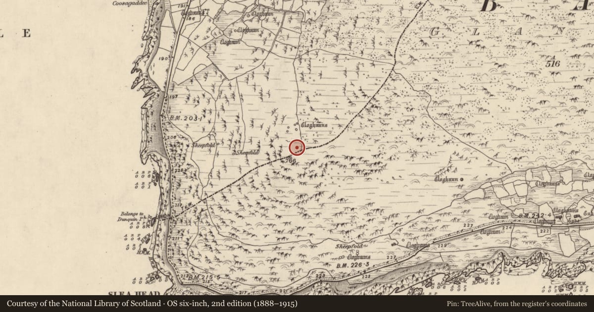 Ordnance Survey six-inch map, 2nd edition (1888–1915) covering the location of Hut site, Com Dhíneol Theas, County Kerry, with a pin at the register's coordinates