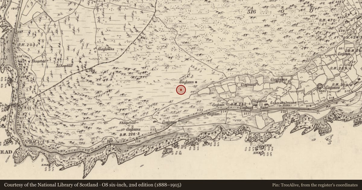 Ordnance Survey six-inch map, 2nd edition (1888–1915) covering the location of Clochan, Gleann Fán, County Kerry, with a pin at the register's coordinates