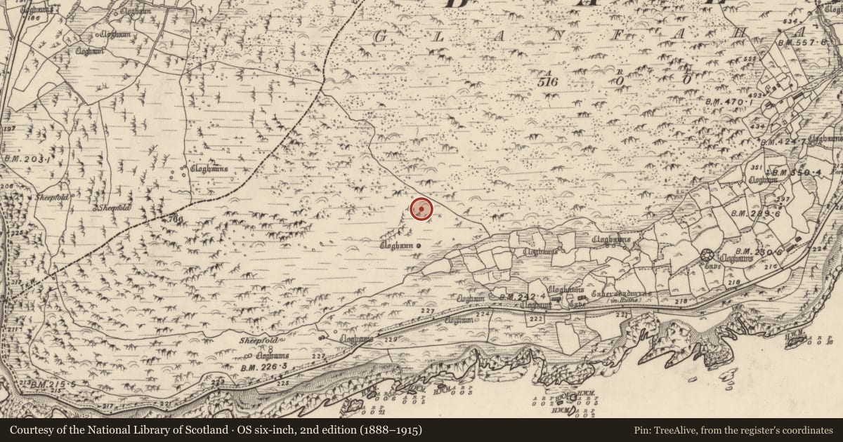 Ordnance Survey six-inch map, 2nd edition (1888–1915) covering the location of Clochan, Gleann Fán, County Kerry, with a pin at the register's coordinates