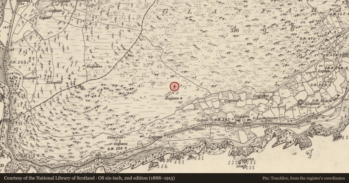 Ordnance Survey six-inch map, 2nd edition (1888–1915) covering the location of Clochan, Gleann Fán, County Kerry, with a pin at the register's coordinates