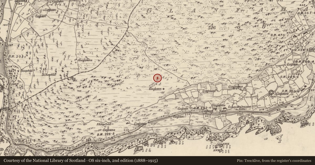 Ordnance Survey six-inch map, 2nd edition (1888–1915) covering the location of Clochan, Gleann Fán, County Kerry, with a pin at the register's coordinates