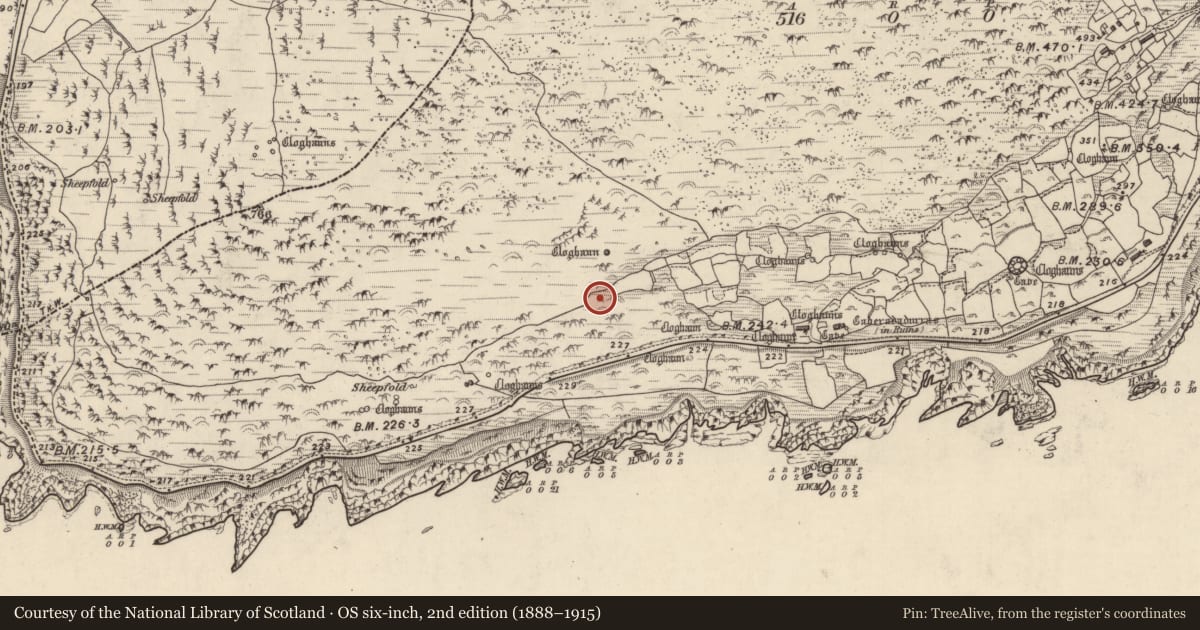 Ordnance Survey six-inch map, 2nd edition (1888–1915) covering the location of Clochan, Gleann Fán, County Kerry, with a pin at the register's coordinates