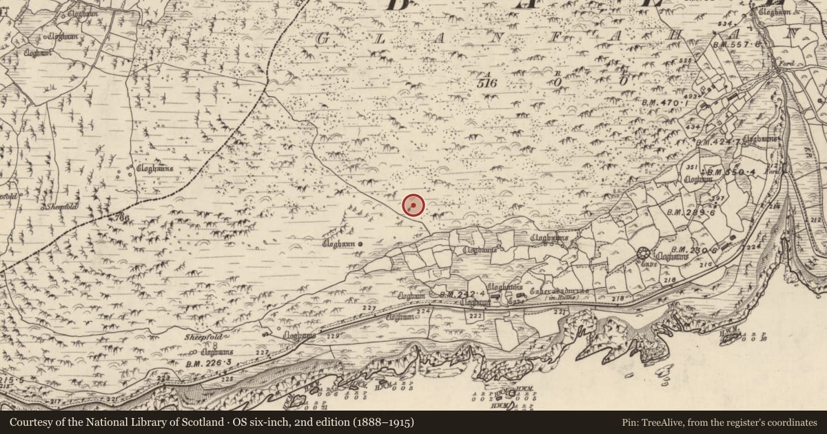 Ordnance Survey six-inch map, 2nd edition (1888–1915) covering the location of Hut site, Gleann Fán, County Kerry, with a pin at the register's coordinates