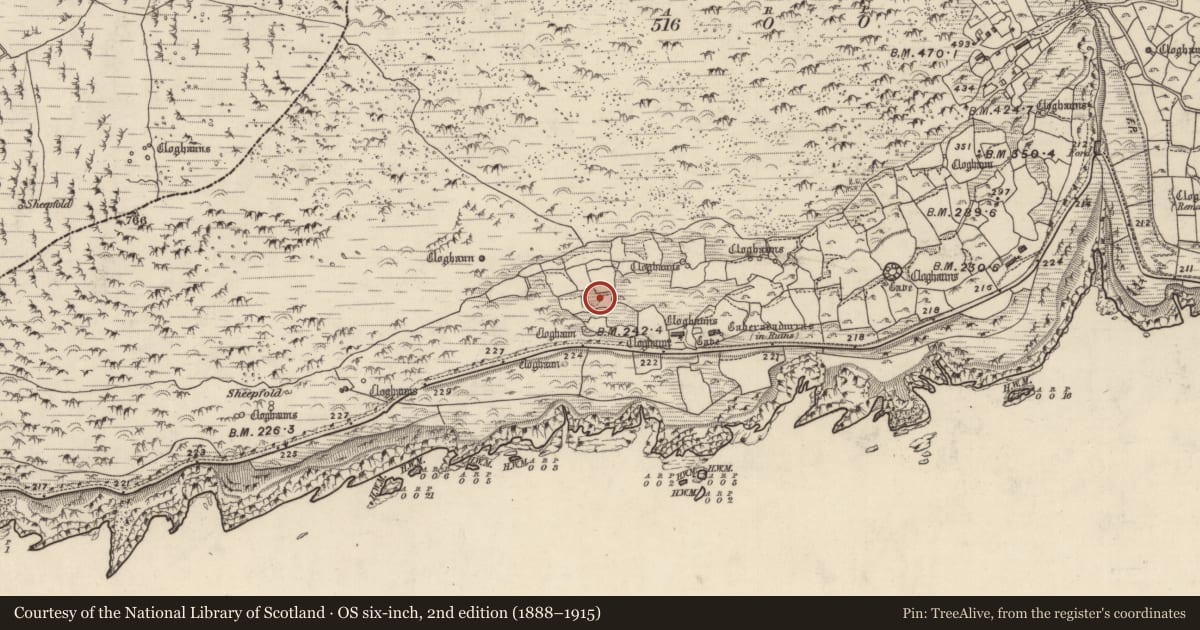 Ordnance Survey six-inch map, 2nd edition (1888–1915) covering the location of Clochan, Gleann Fán, County Kerry, with a pin at the register's coordinates