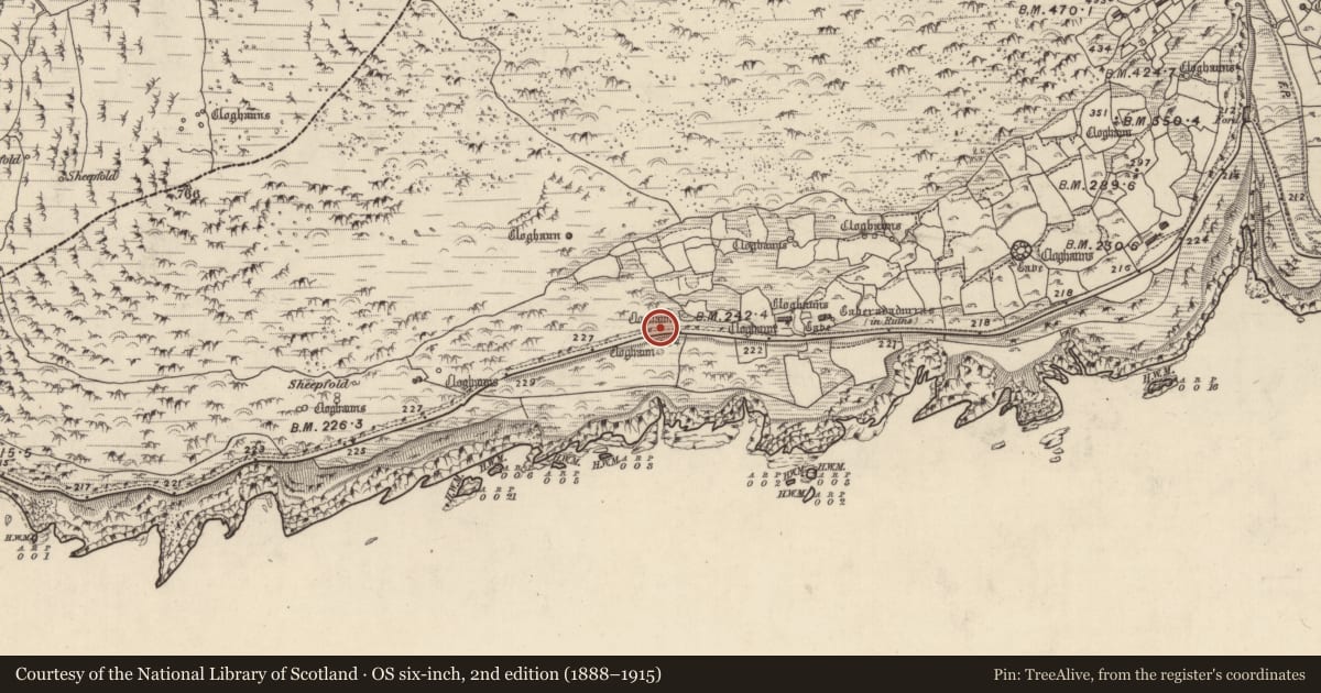 Ordnance Survey six-inch map, 2nd edition (1888–1915) covering the location of Clochan, Gleann Fán, County Kerry, with a pin at the register's coordinates